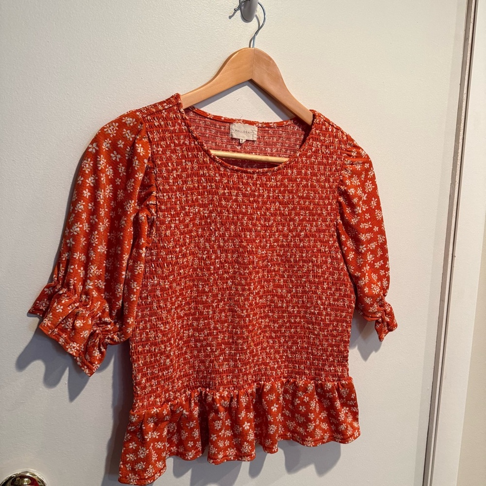 Melloday Orange Floral Smocked Peplum Top